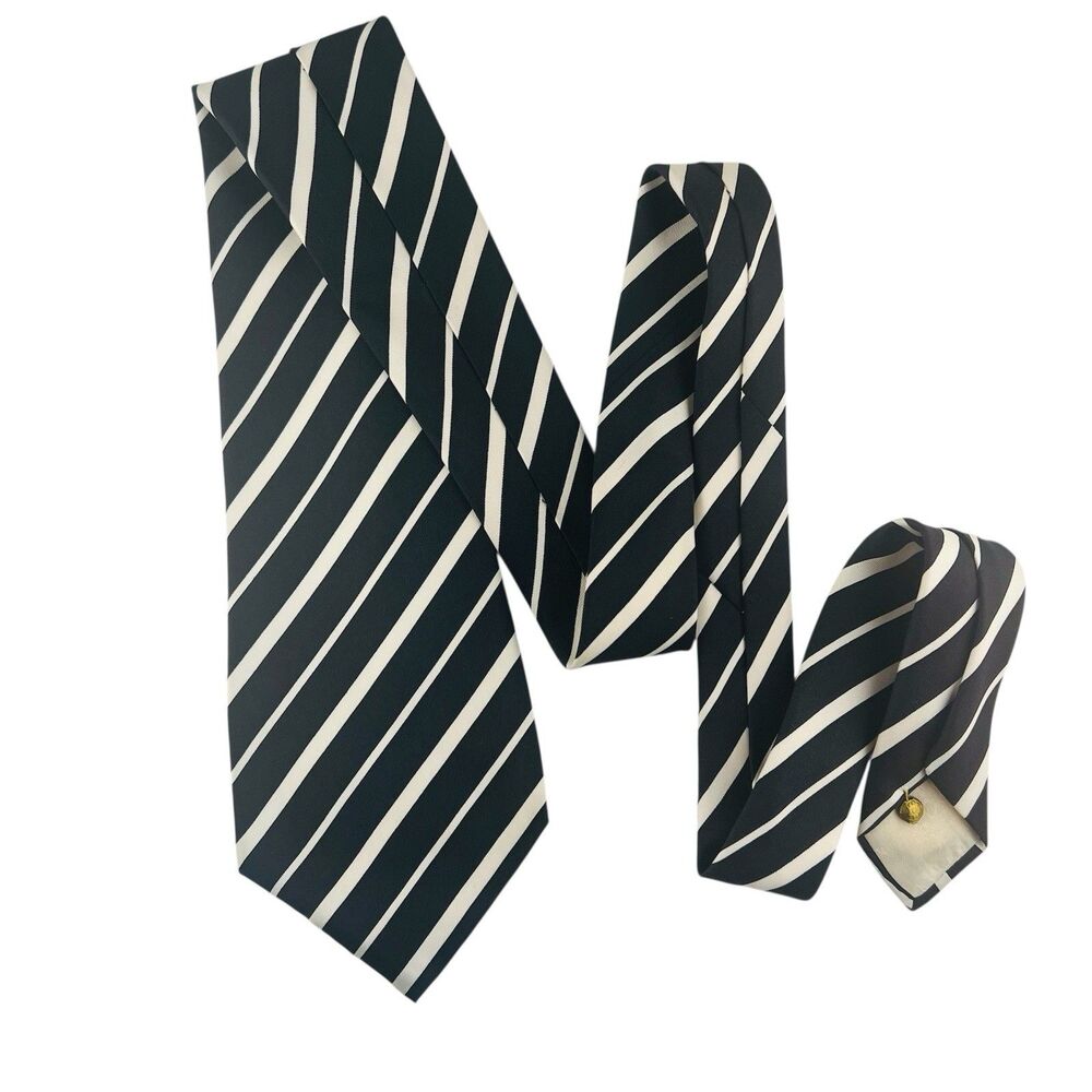 100% Silk Neck Tie Vintage Medison Made in Italy Black & Ivory Cream Stripe